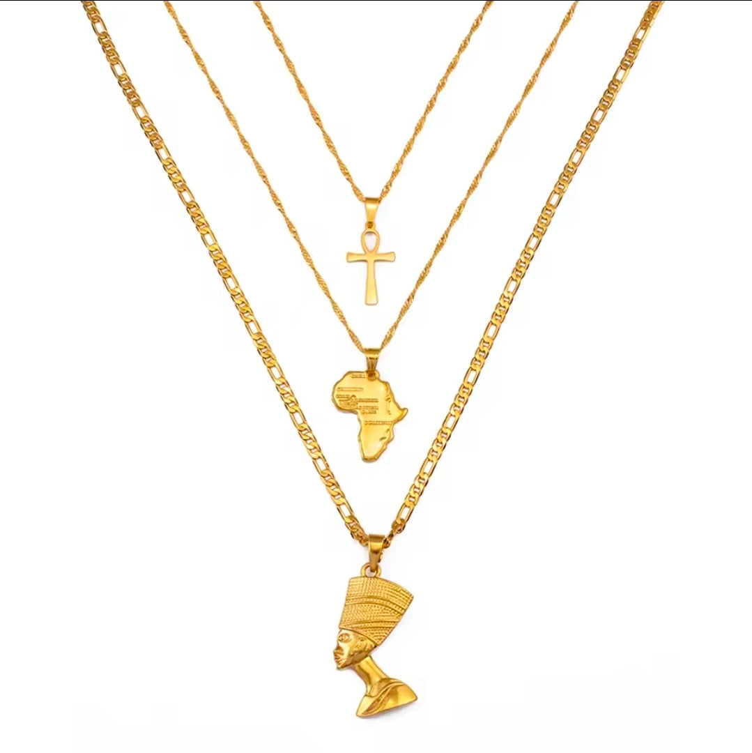 Triple threat Ankh Africa and Queen necklace set.